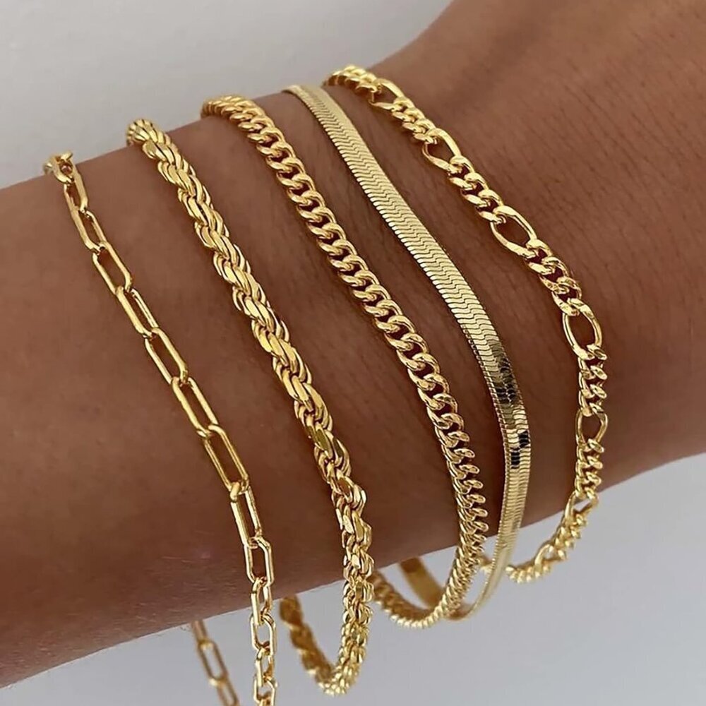 Gold Bracelets - Real 14K Women's Cute Tennis Cubic Beaded Link Paperclip Dainty - Picture 2 of 8